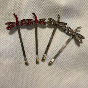 Dragonfly Hair Pins with Red and Silver Accents set of 4